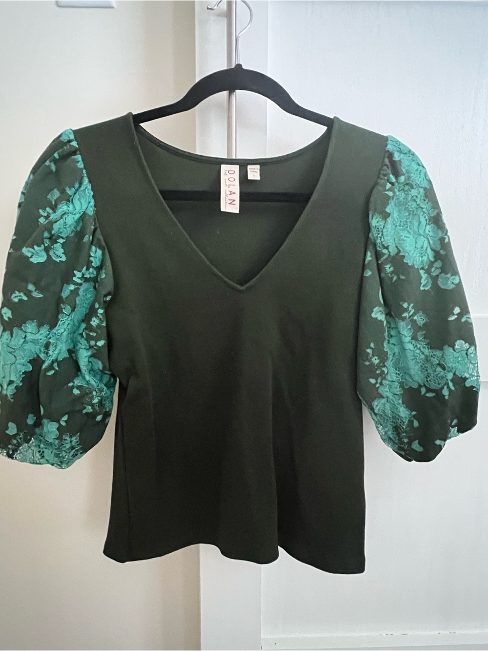 dolan Forest Green V-Neck Top with Teal Floral Puff Sleeves